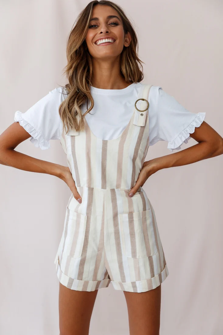 Neverland Buckle Strap Overalls Romper Stripe Print Beige - Sonourner