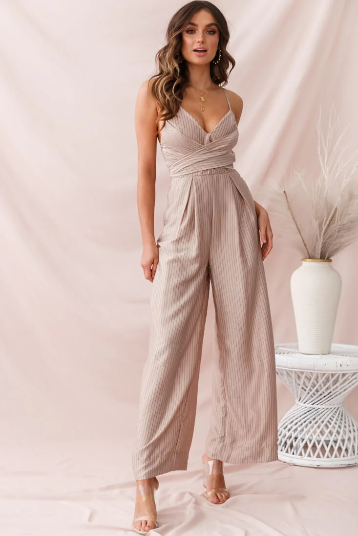 Nancy Wide Leg Pinstripe Jumpsuit Mocha - Sonourner