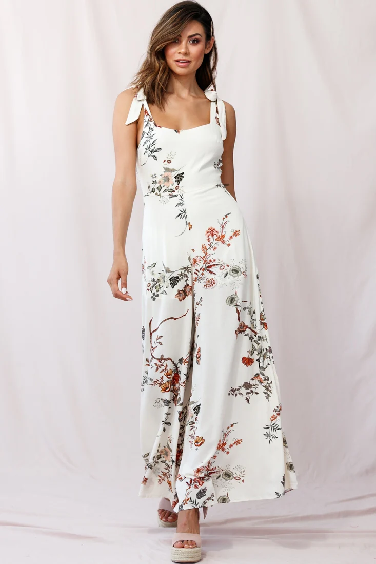 Therese Tied-Shoulder Wide Leg Jumpsuit Floral Print Beige - Sonourner