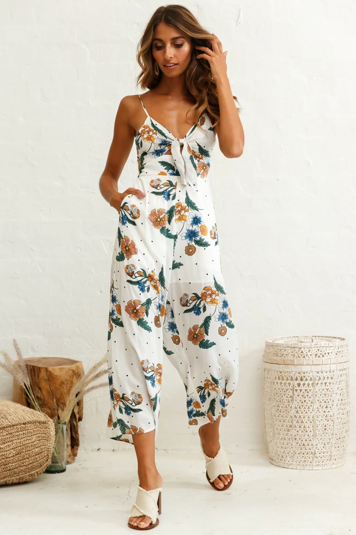Call Me Wide-Leg Tied Bust Jumpsuit Floral Print White - Sonourner