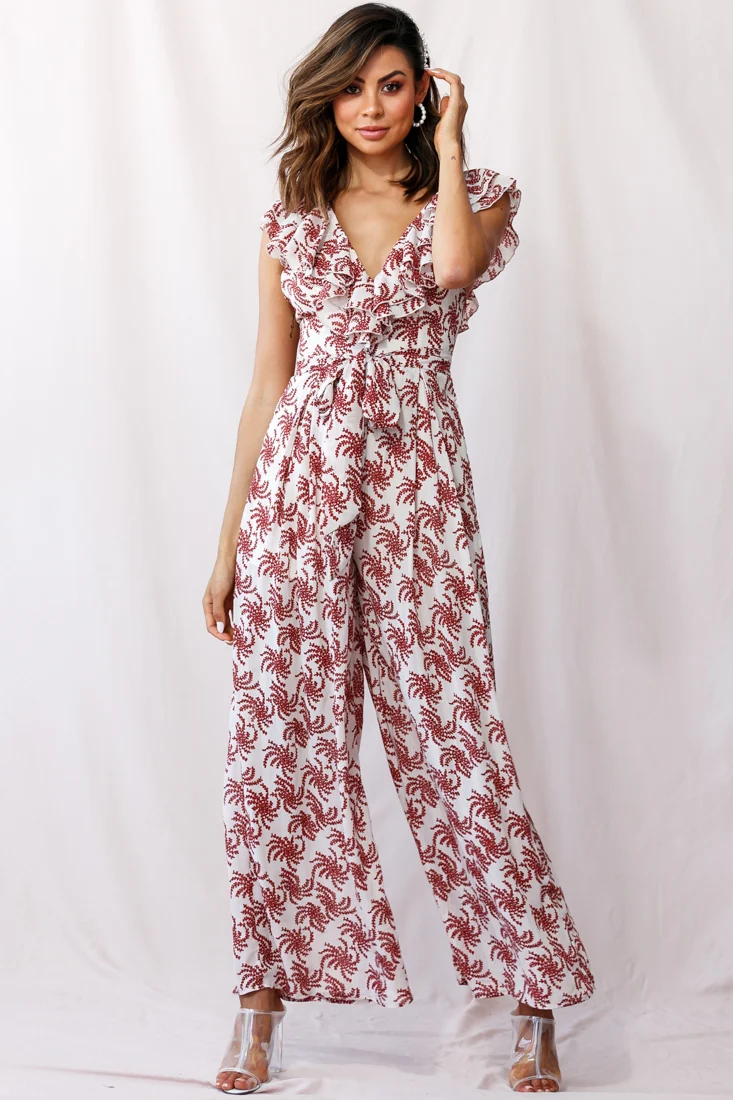 Marcia Ruffle Strap Wide Leg Jumpsuit Floral Print Beige - Sonourner
