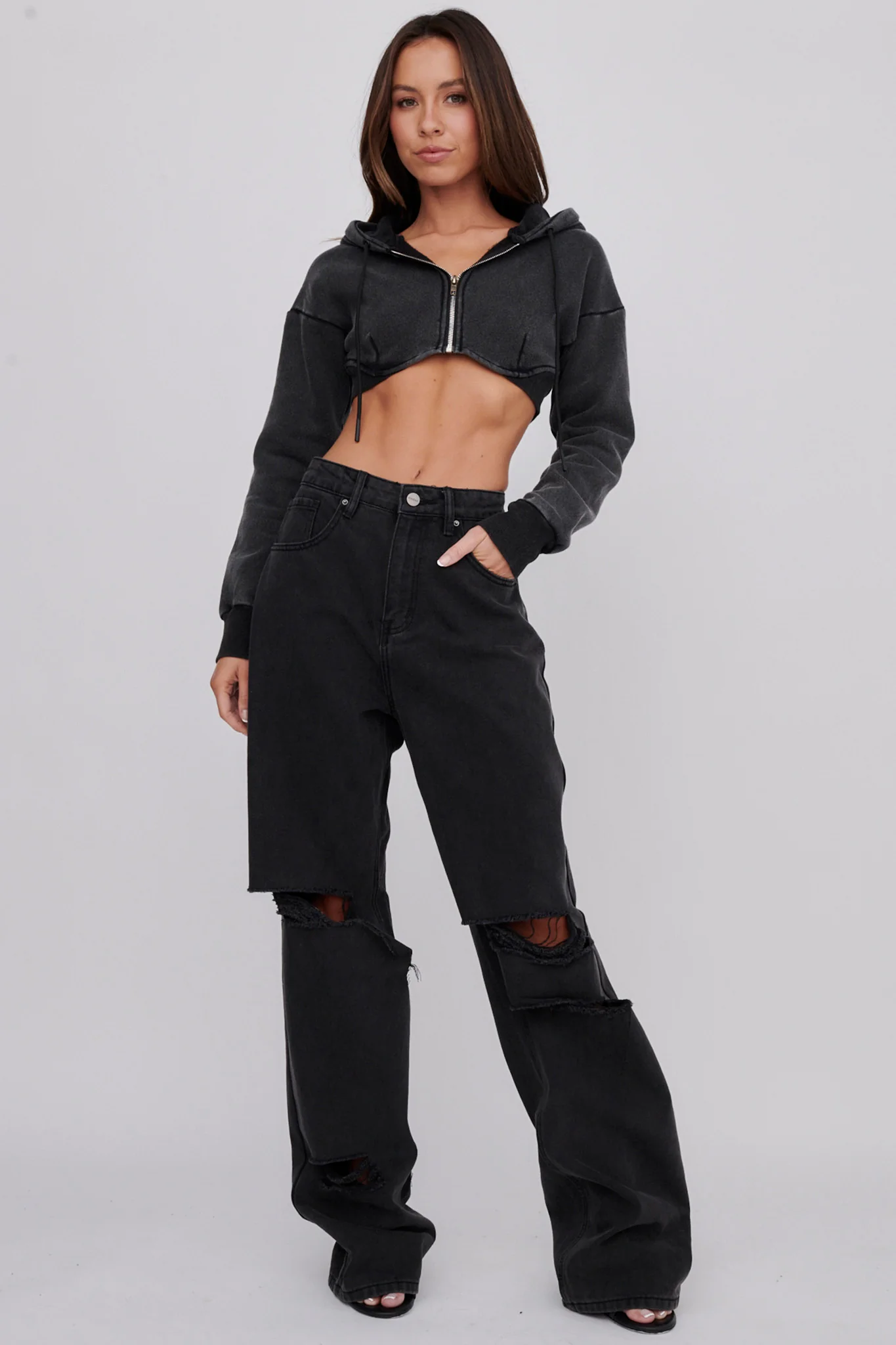 Alias Crop Hoodie Jacket Washed Black - Sonourner