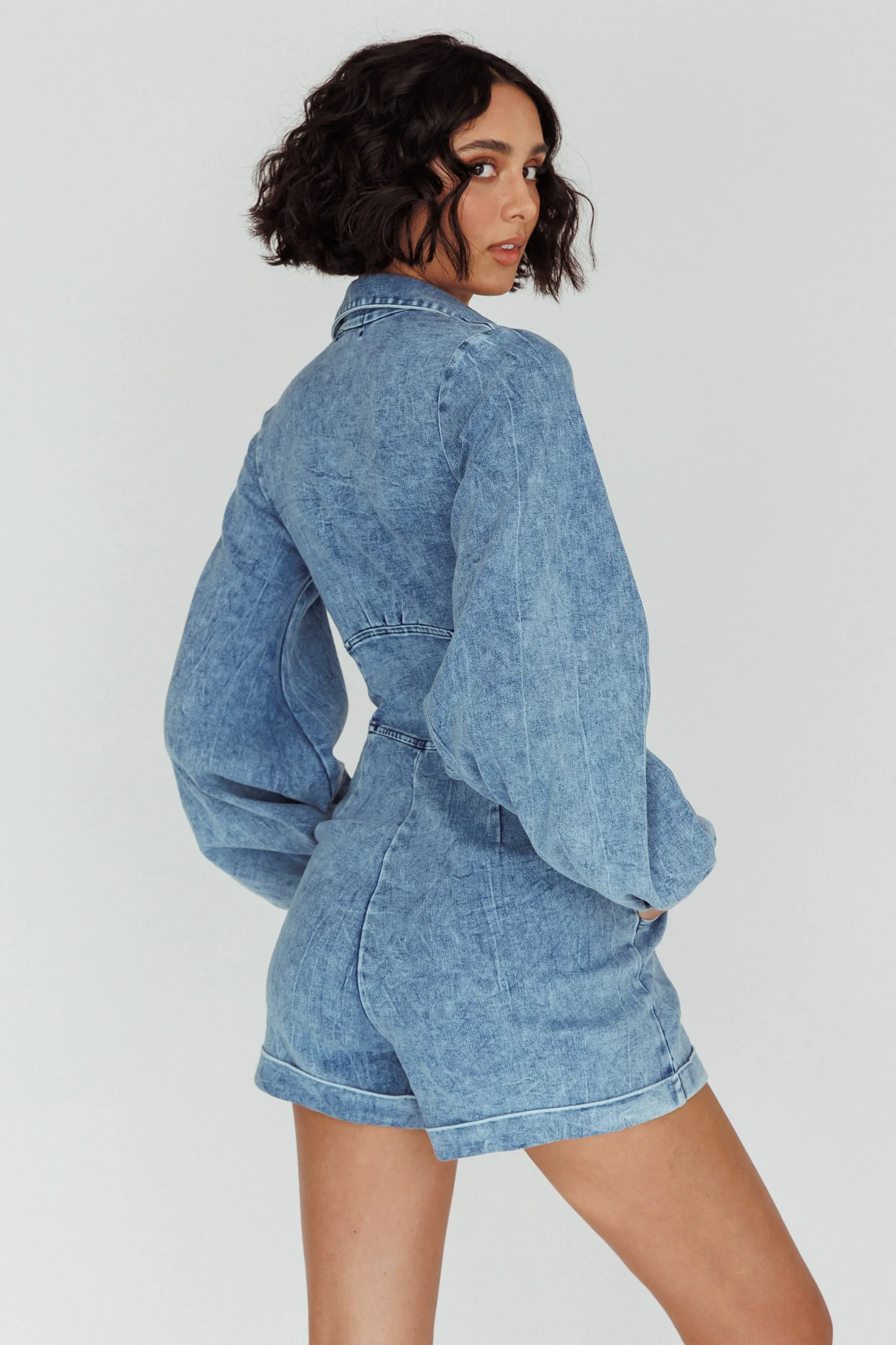 South Beach Long Sleeve Collared Romper Denim - Sonourner