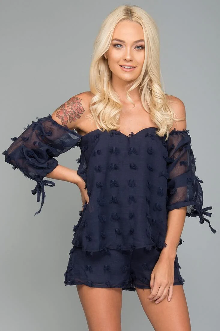 Stefani Heart Shaped Off the Shoulder Romper Navy - Sonourner