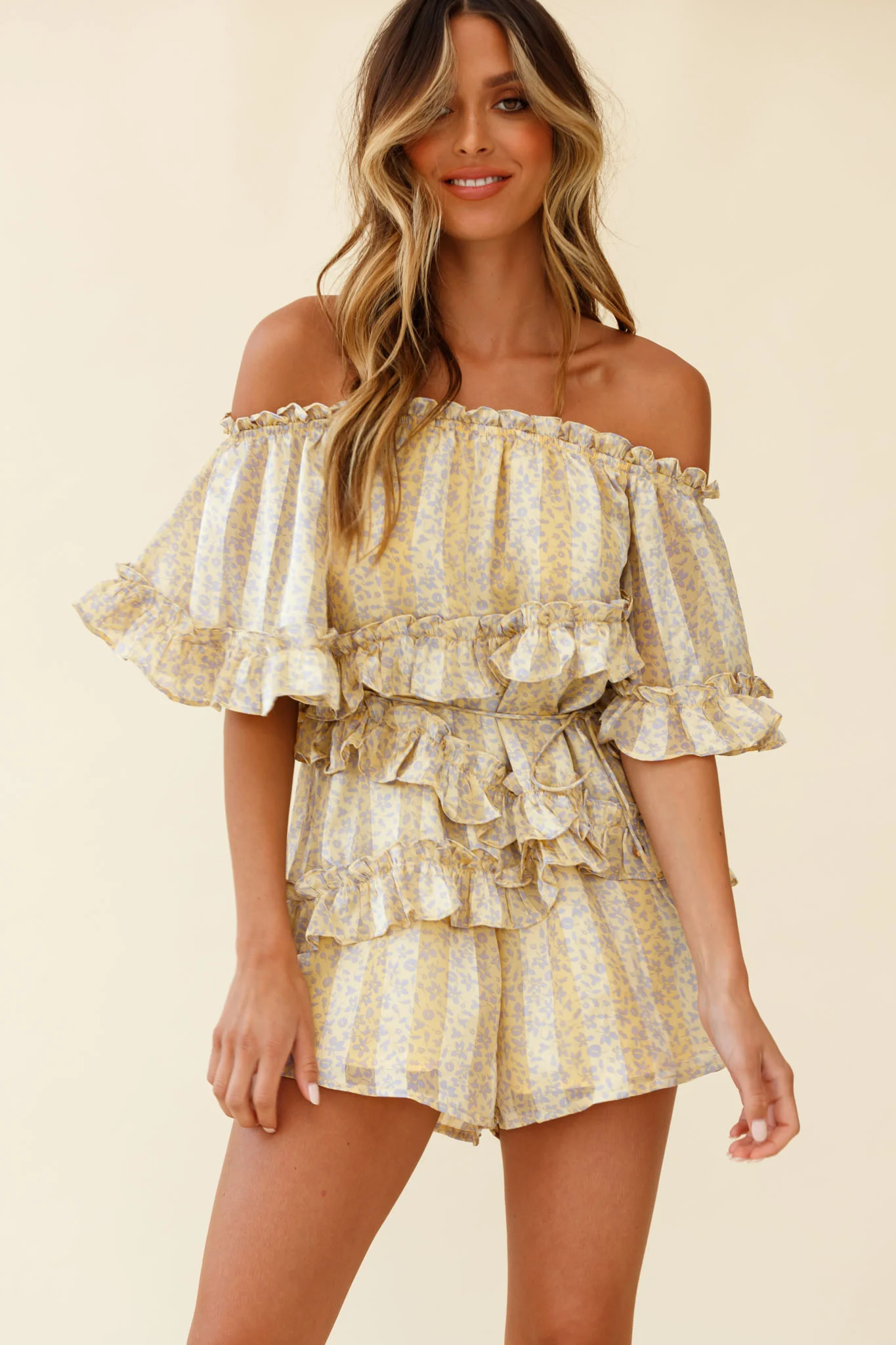 Astoria Bardot Neckline Frill Romper Floral & Stripe Print Yellow - Sonourner