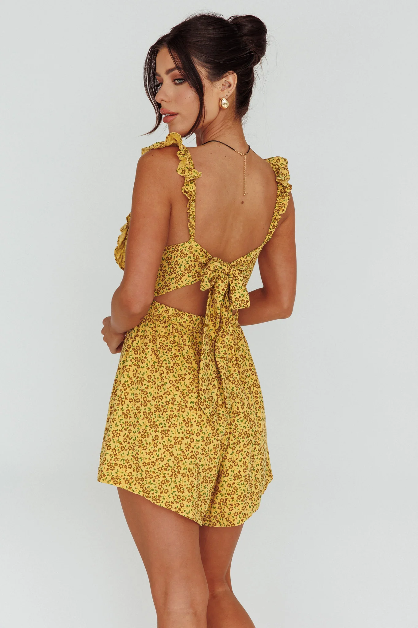 Lazy Sunday Frill Strap Tie-Up Back Romper Floral Print Mustard - Sonourner