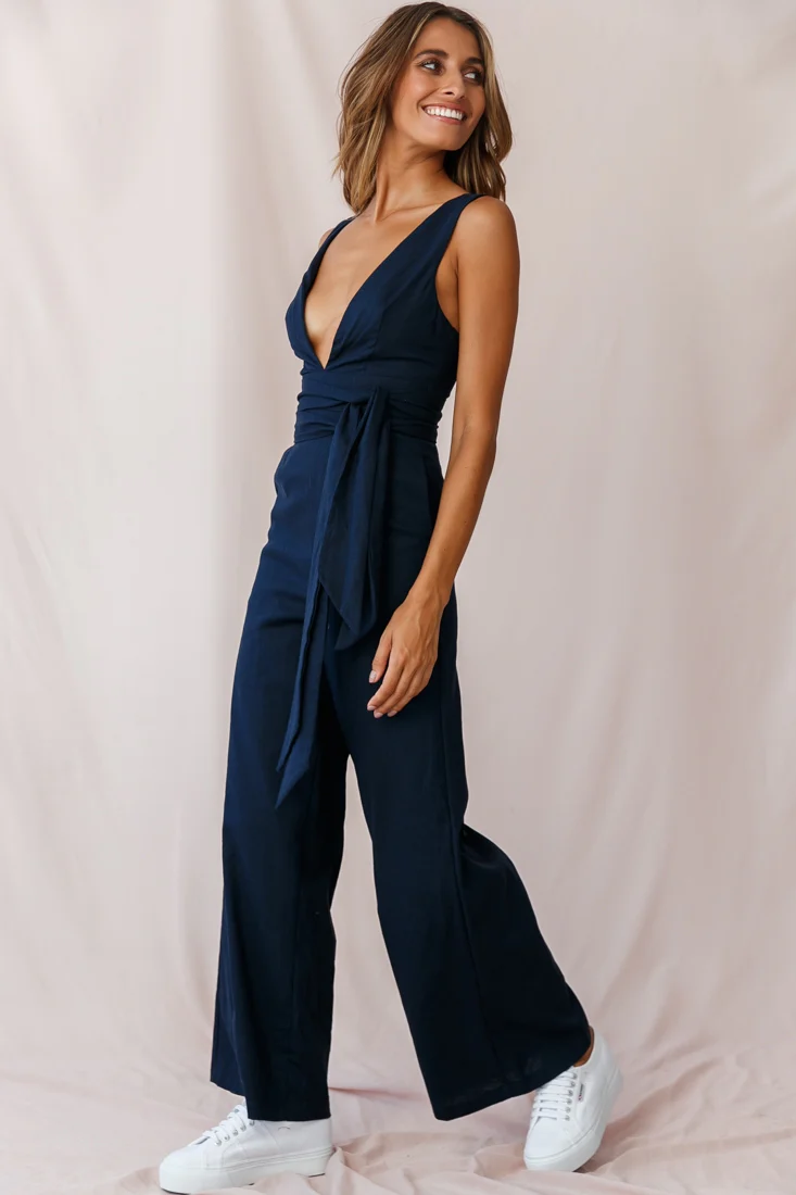 Dylan V-Neckline Wide Leg Jumpsuit Navy - Sonourner