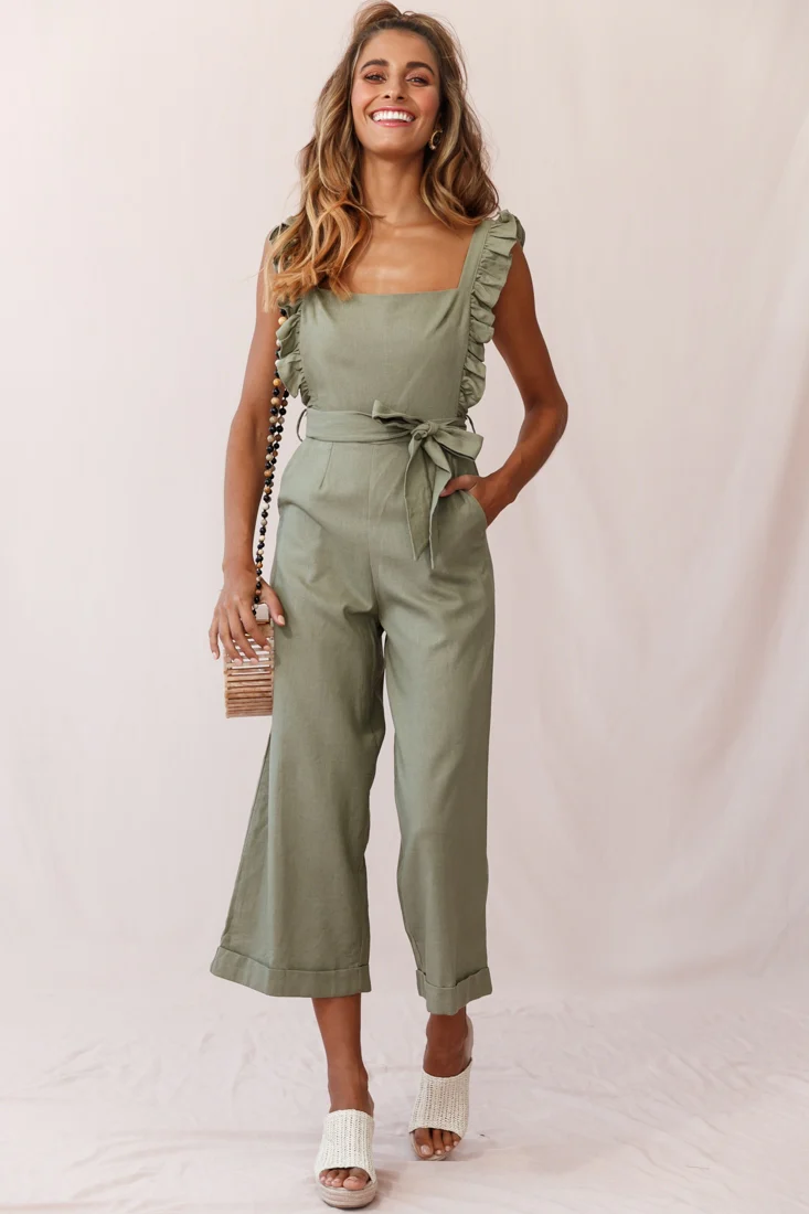 Serenade Ruffle Strap Pinafore Jumpsuit Olive - Sonourner