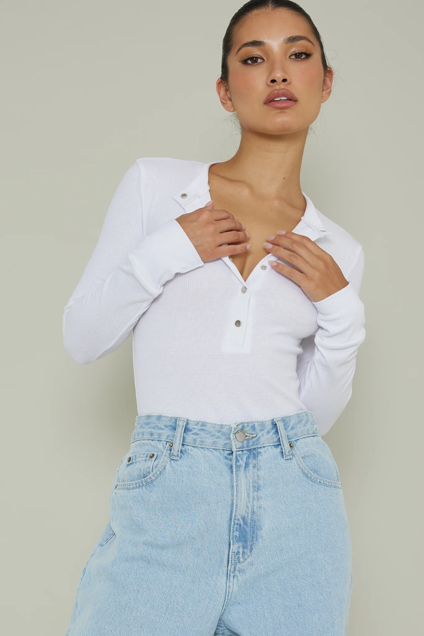 Henley Snap Front Bodysuit White - Sonourner