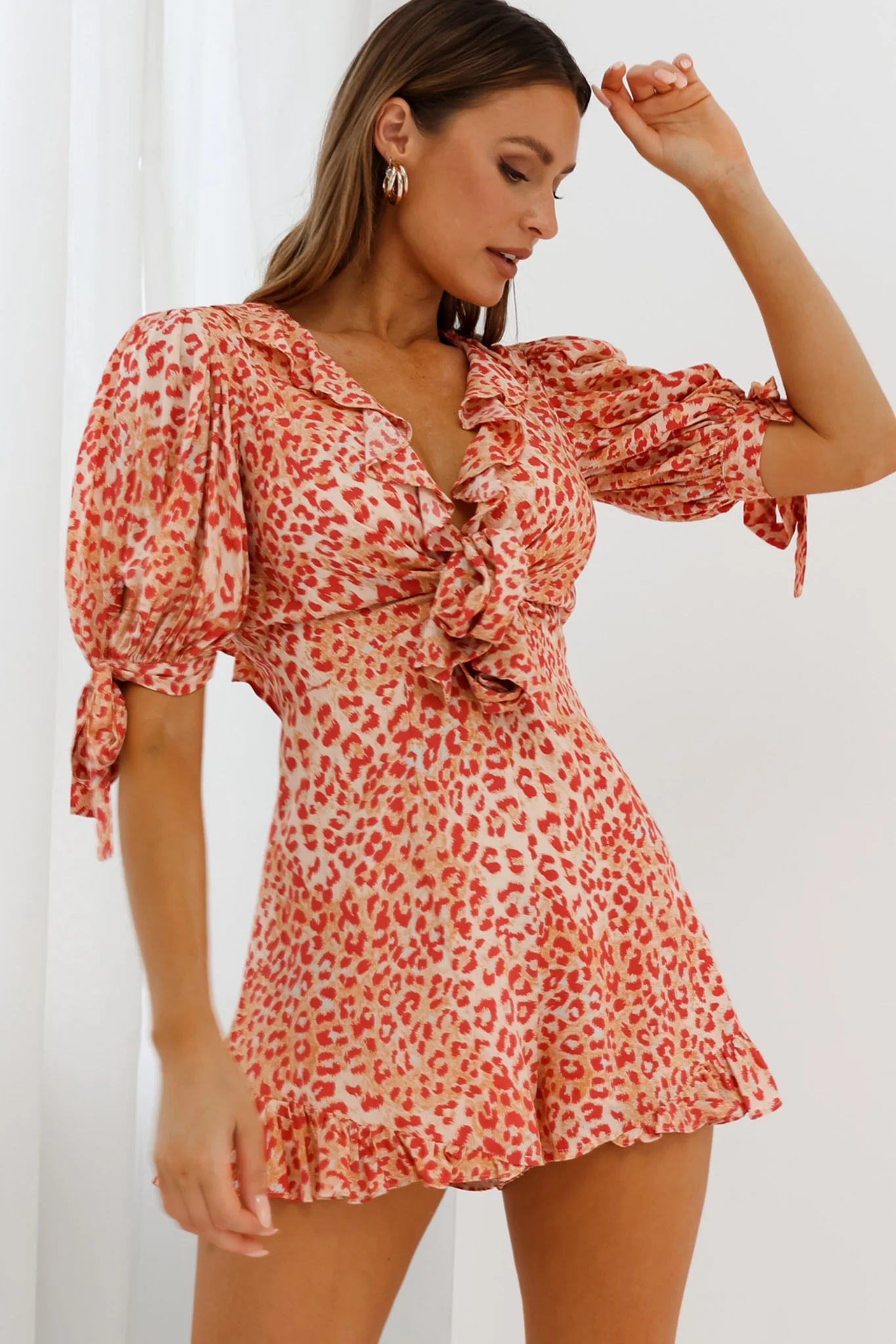 Francine Short Sleeve Tied Bust Romper Leopard Print Orange - Sonourner