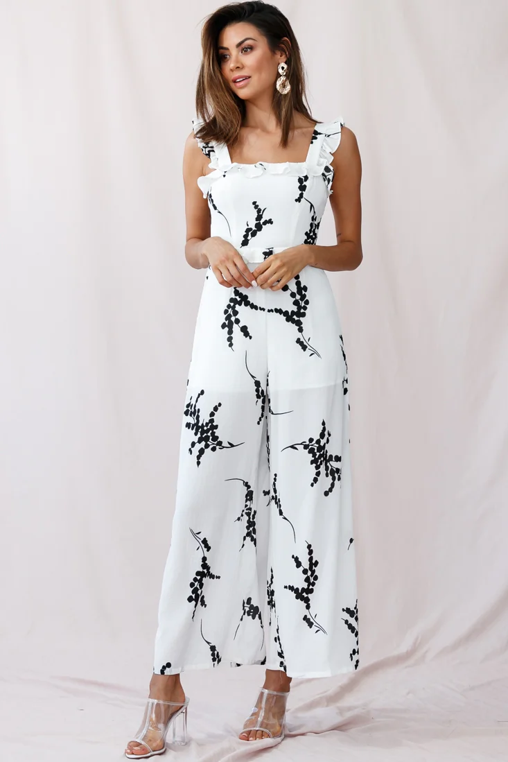 Azure Frill Strap Wide Leg Jumpsuit Floral Print White - Sonourner