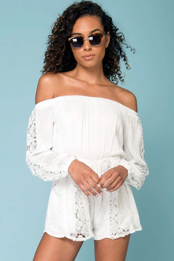 Eliana Off The Shoulder Lace Sleeve Romper White - Sonourner