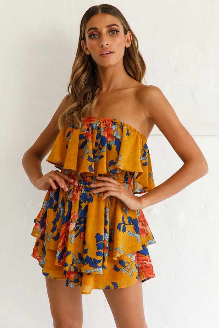 Skylar Dressy Tube Top Romper Yellow Mustard - Sonourner