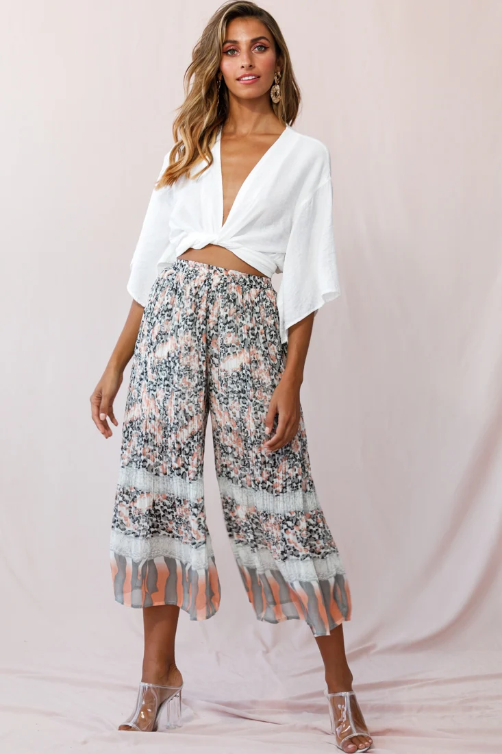 Gemini Accordion Pleat Wide Leg Pants Pink Leopard - Sonourner