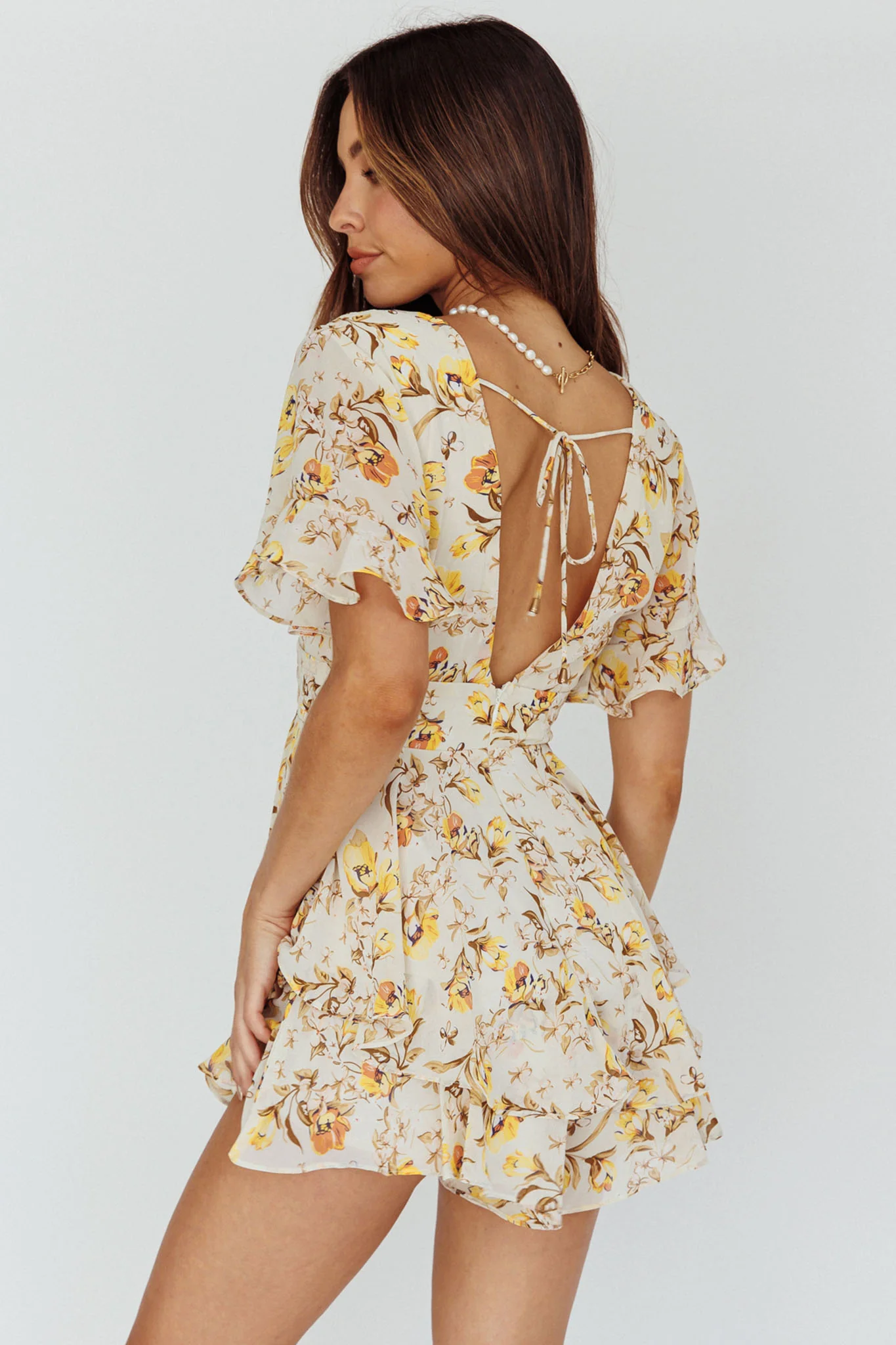 Golden Light Pintuck Pleat Romper Floral Beige - Sonourner