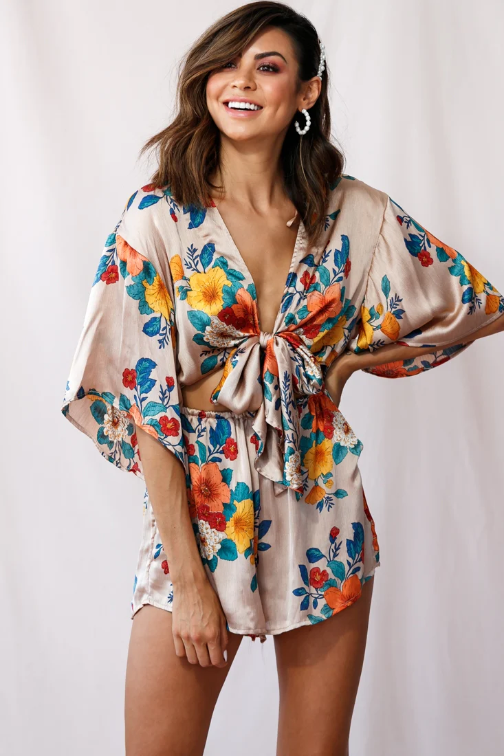 Rivera Tie-Knot Bell Sleeve Romper Mocha - Sonourner