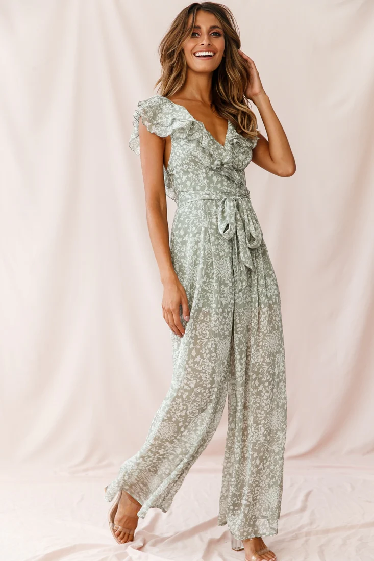 Marcia Ruffle Strap Wide Leg Jumpsuit Olive - Sonourner