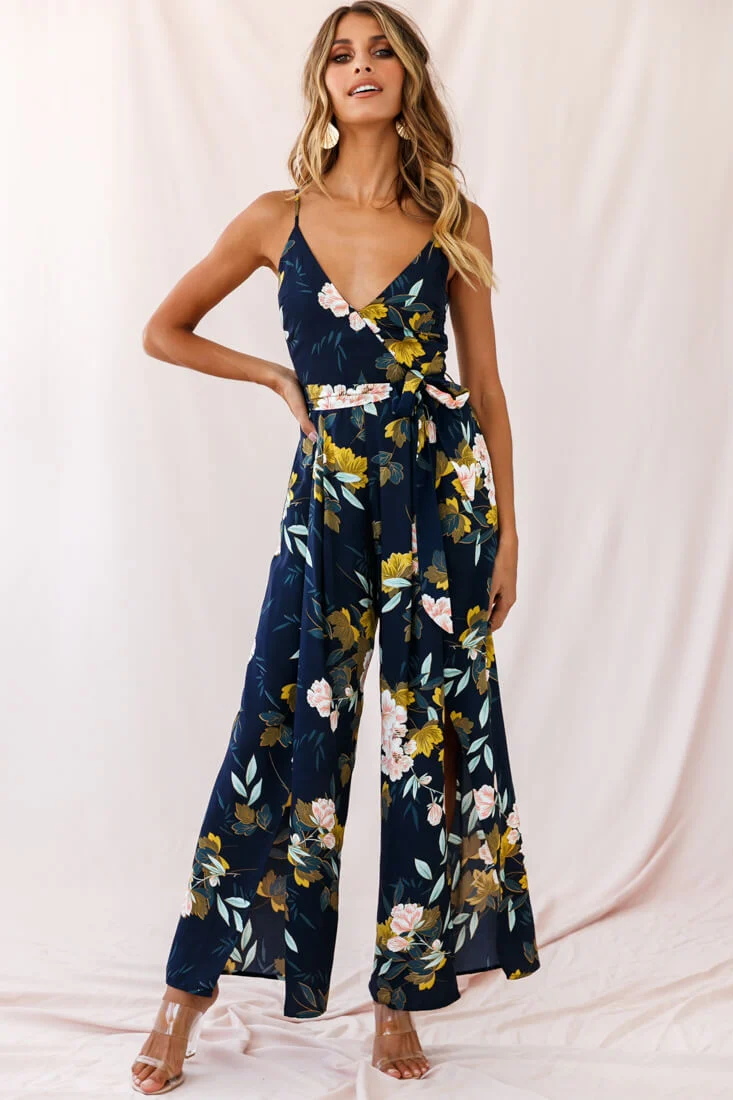 Carrie High Slit Cami Jumpsuit Navy - Sonourner