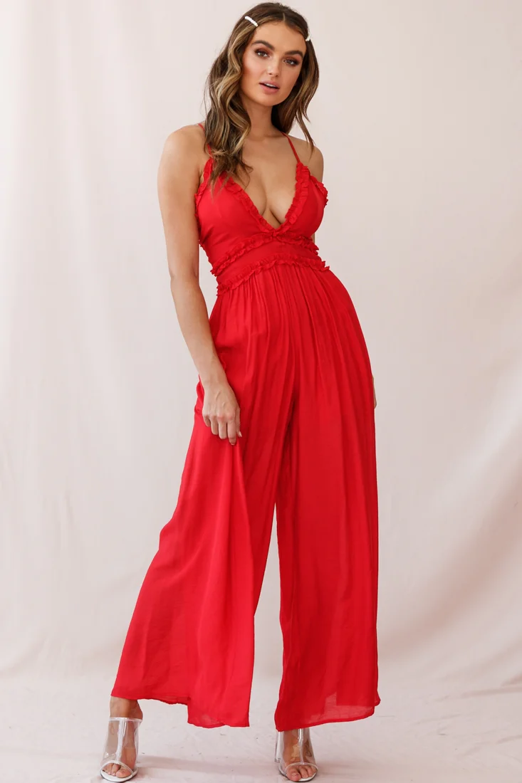 Laney Wide Leg Ruffle Detail Jumpsuit Red - Sonourner