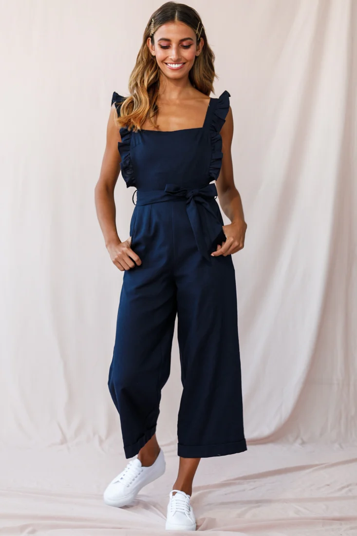 Serenade Ruffle Strap Pinafore Jumpsuit Navy - Sonourner