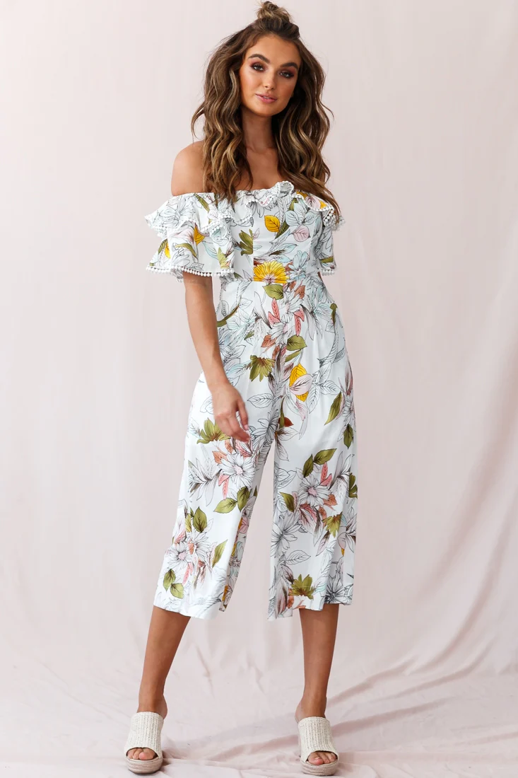 Keeper Off-Shoulder Culotte Jumpsuit Floral Print White - Sonourner