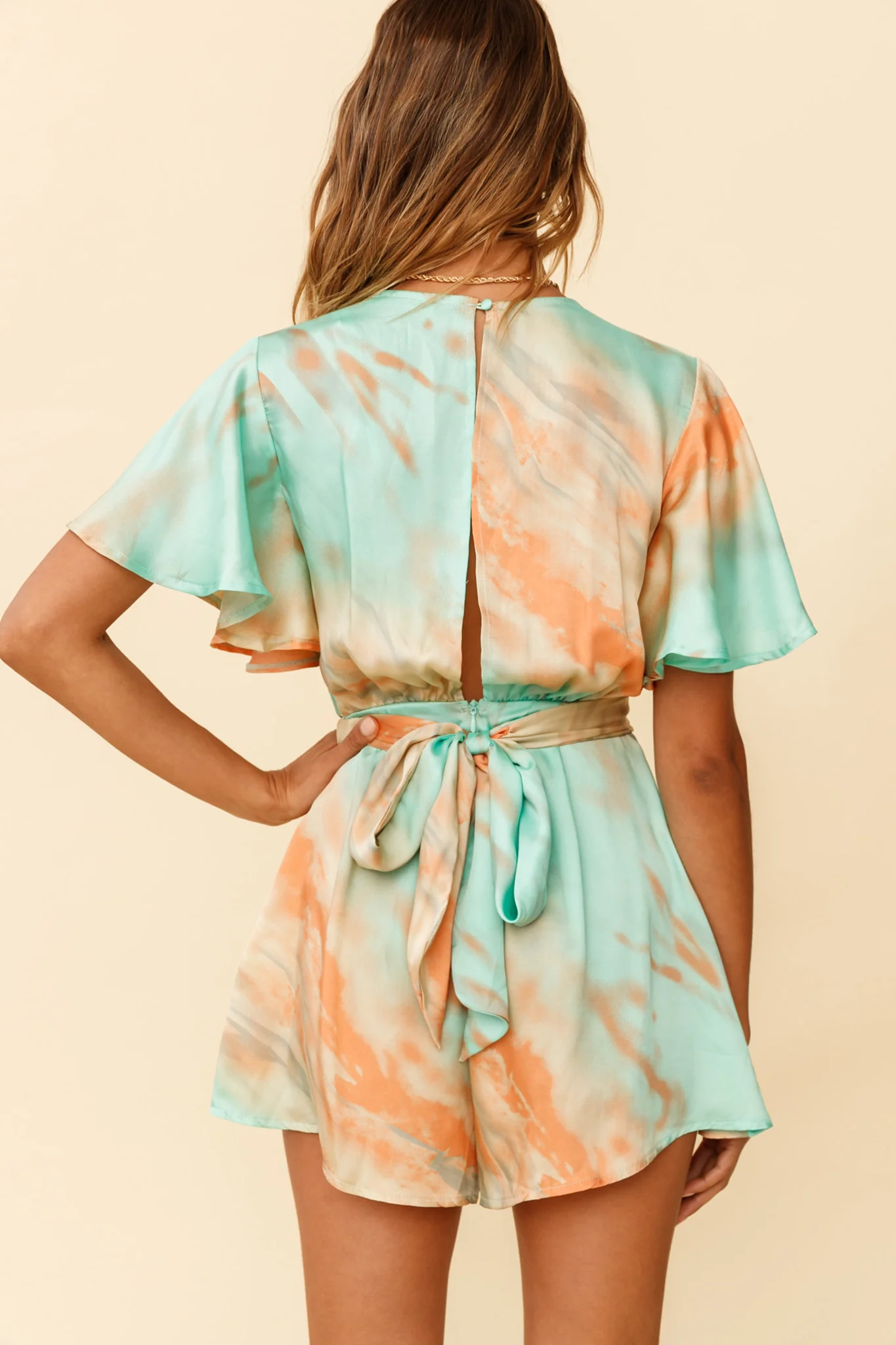 Unconditional Plunging Wrap Style Romper Marbled Tie Dye Aqua/Orange - Sonourner