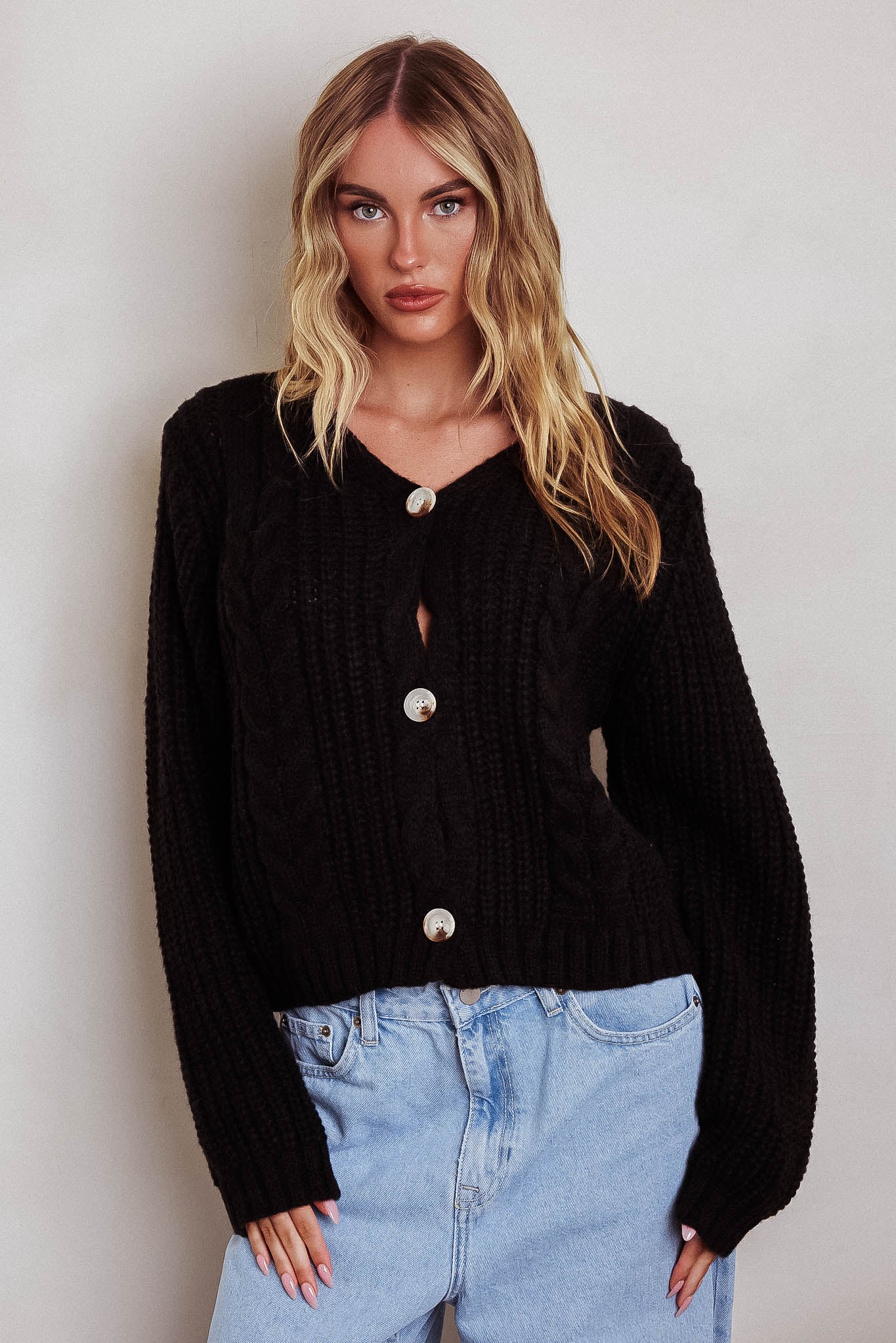Prime Time Cable Knit Cardigan Black - Sonourner