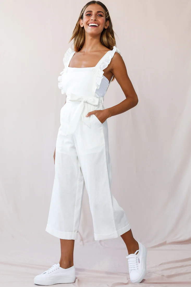 Serenade Ruffle Strap Pinafore Jumpsuit White - Sonourner