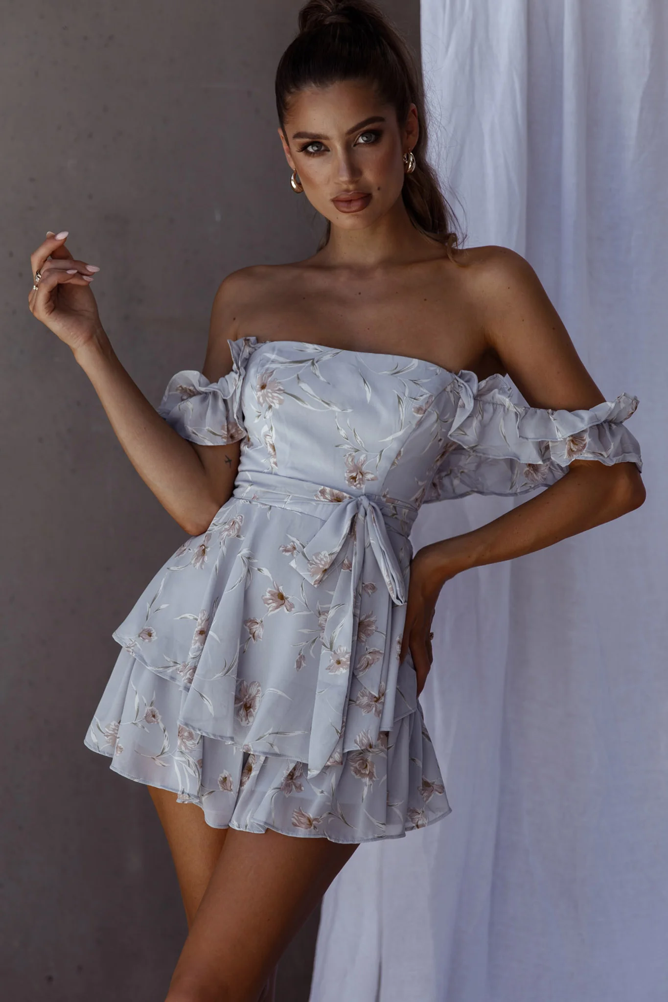 Verona Off-Shoulder Romper Floral Print Blue - Sonourner