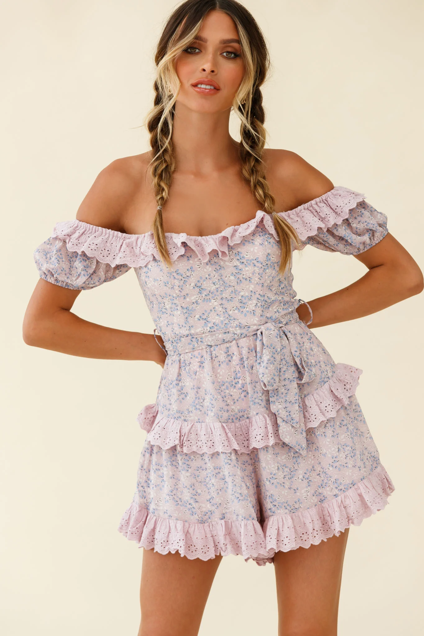 Tulsa Off Shoulder Waist Tie Frill Romper Floral Print Pink - Sonourner