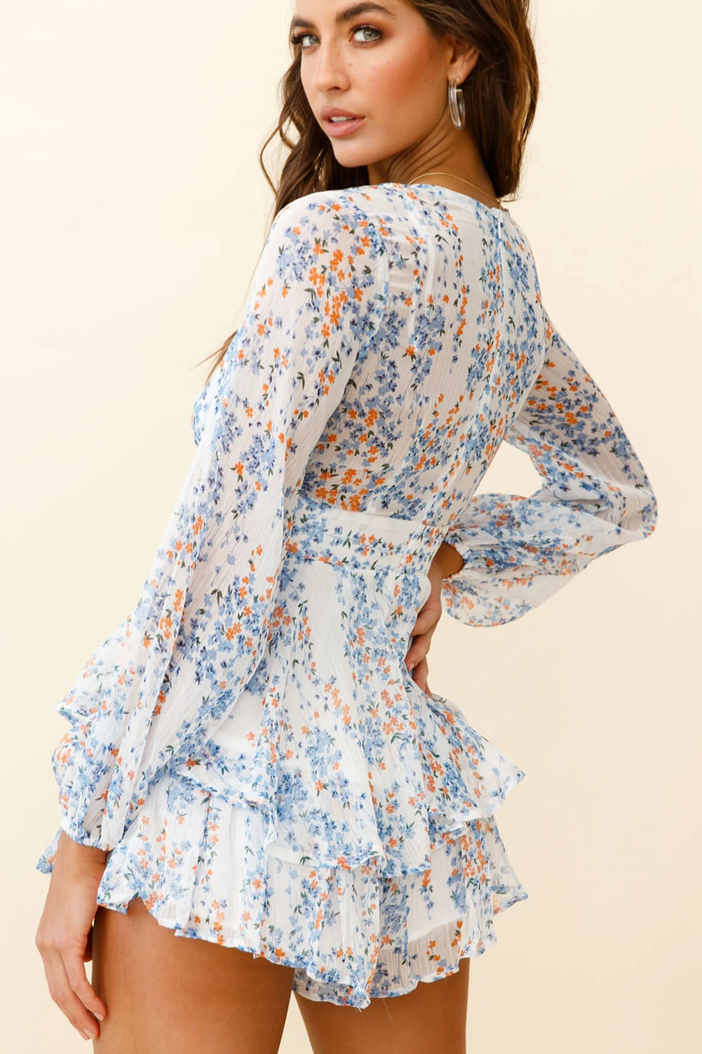 Maddox Fit & Flare Long Sleeve Romper Floral Vine White - Sonourner