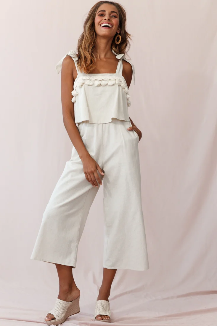 Sirocco Tassel Trim Tied Shoulder Midi Jumpsuit Natural - Sonourner