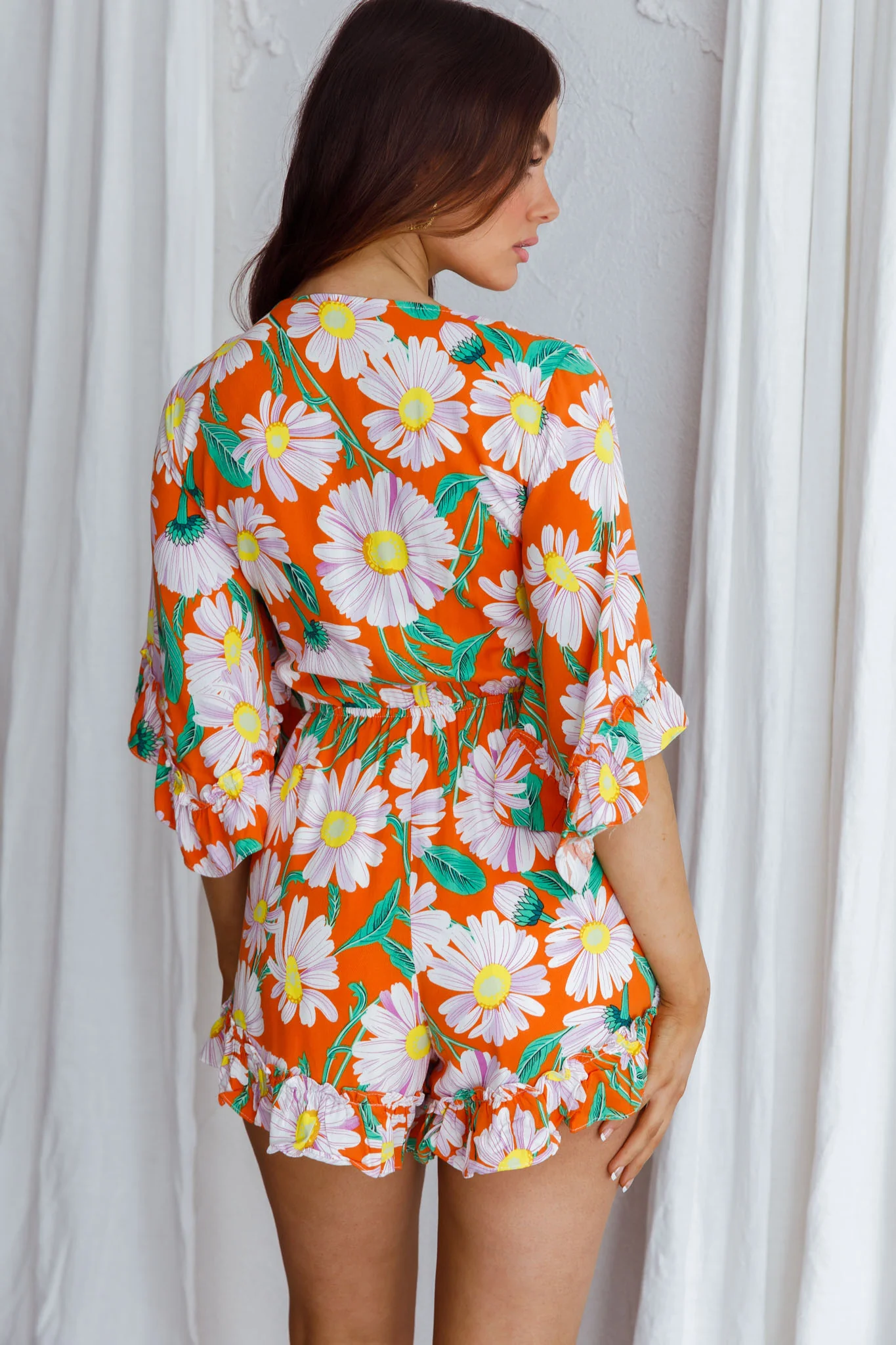 Athira Tied Bust Flared Sleeve Romper Daisy Orange - Sonourner