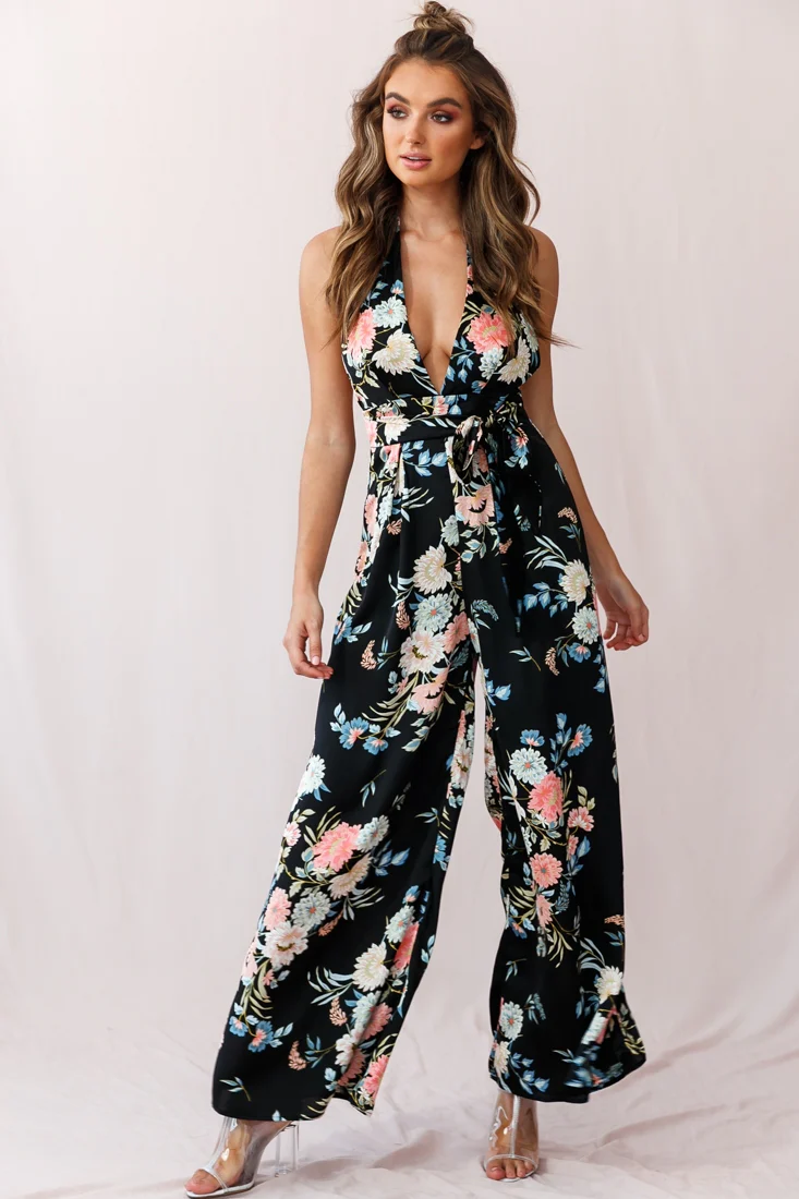 Make Me Halterneck Low Back Jumpsuit Floral Print Black - Sonourner