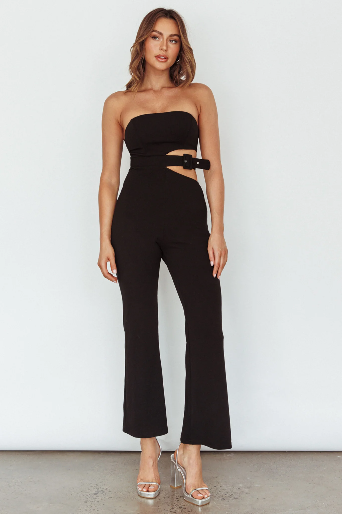 Glisten Cut-Out Buckle Waist Jumpsuit Black - Sonourner