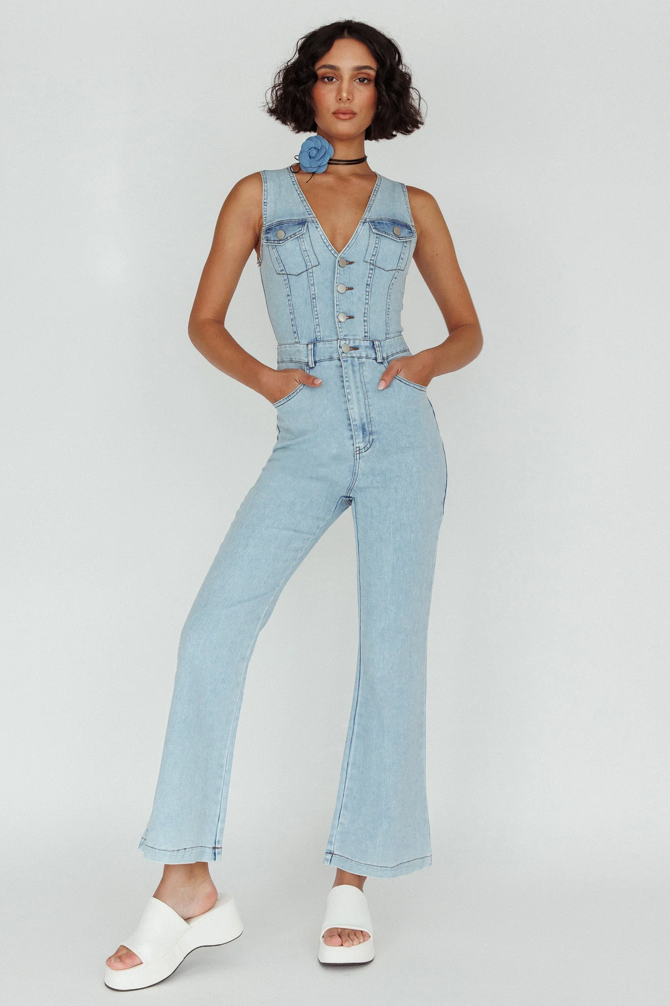 Jazelle Button Front Jumpsuit Washed Blue - Sonourner