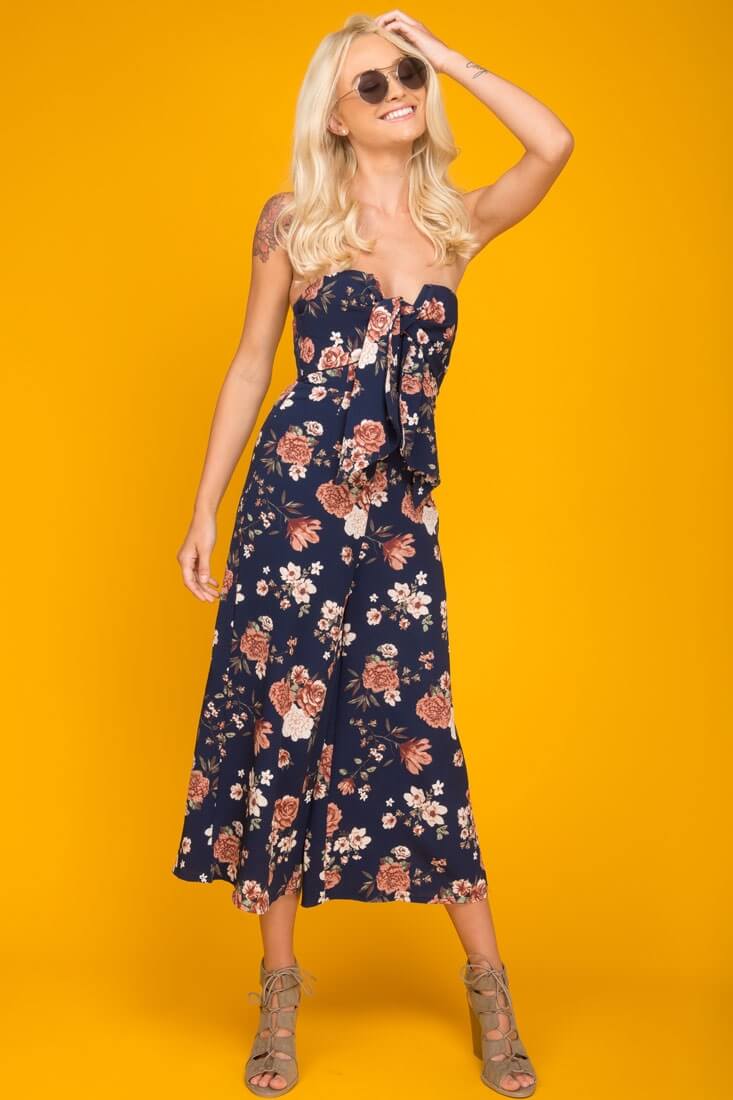Khloe Floral Summer Bow Tie Jumpsuit Navy - Sonourner