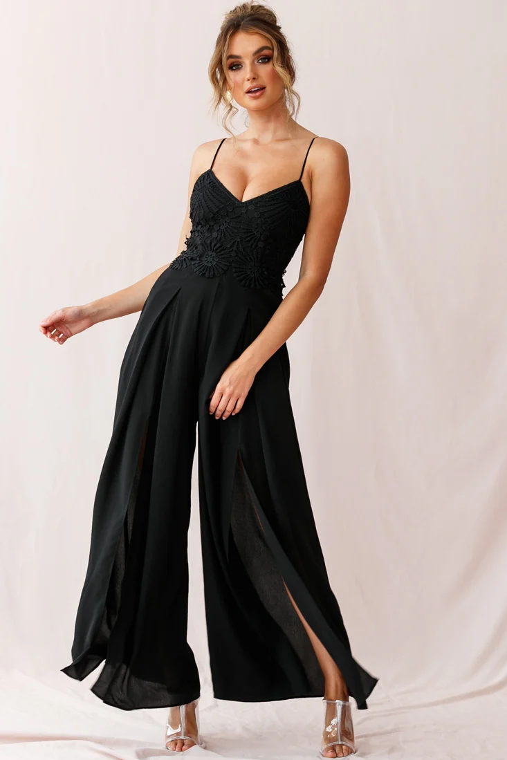 Ada Applique Embroidery Bust Wide Leg Jumpsuit Black - Sonourner