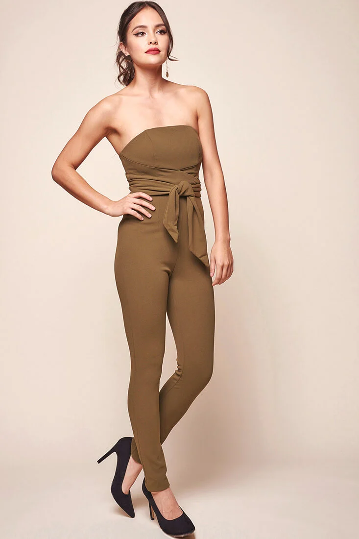 Payton Strapless Waist Tie Bodycon Jumpsuit Khaki - Sonourner